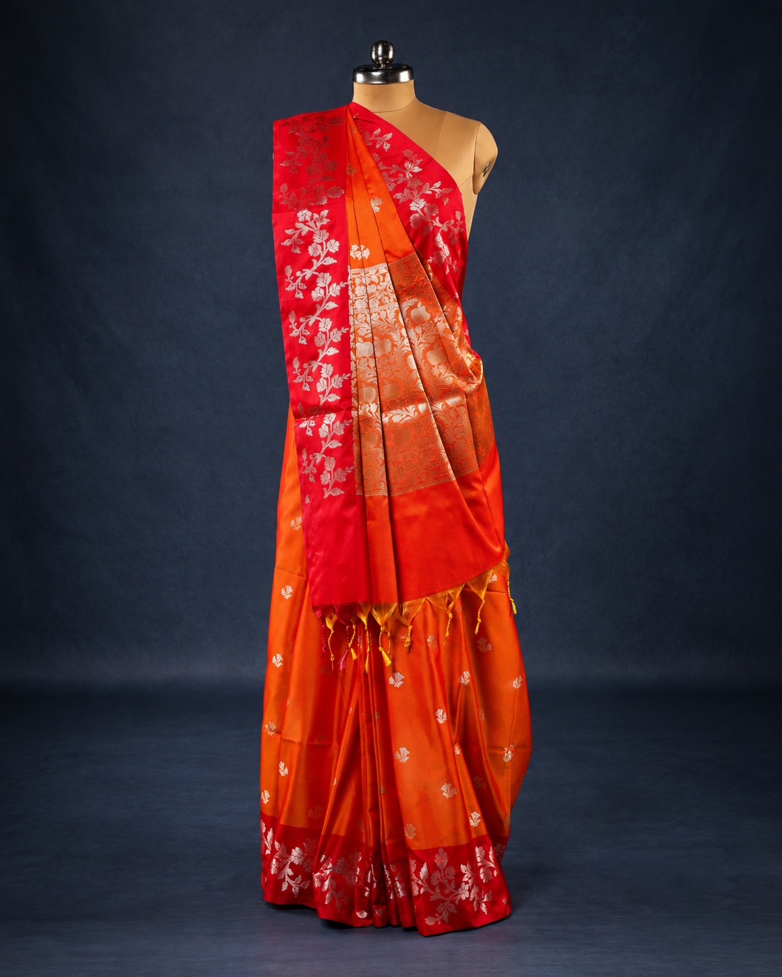 Red Orange Open Border Meenakari Floral Butta Saree