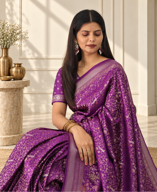 Royal Purple Pure Mashru Silk Handwoven Banarasi Saree with Rich Zari Border