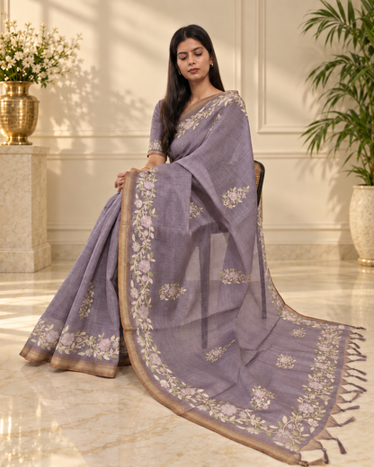 Dusty Lavender Linen Saree with Handcrafted Aari Floral Embroidery