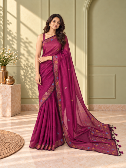 Purple Cotton Handwoven Jamdani Saree with Multicolour Floral Design