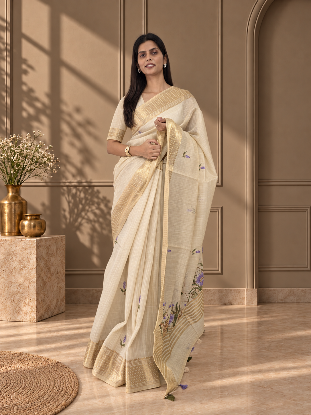 Ivory Linen Saree with Hand Embroidered Purple Florals