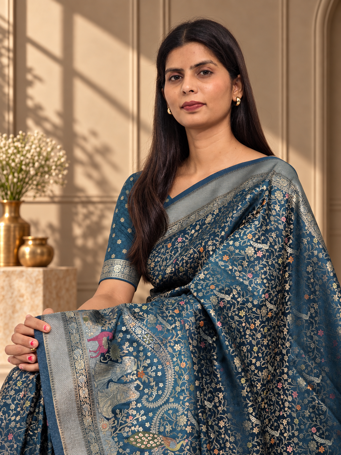 teal blue pure mashru silk handwoven banarasi saree with rich zari border