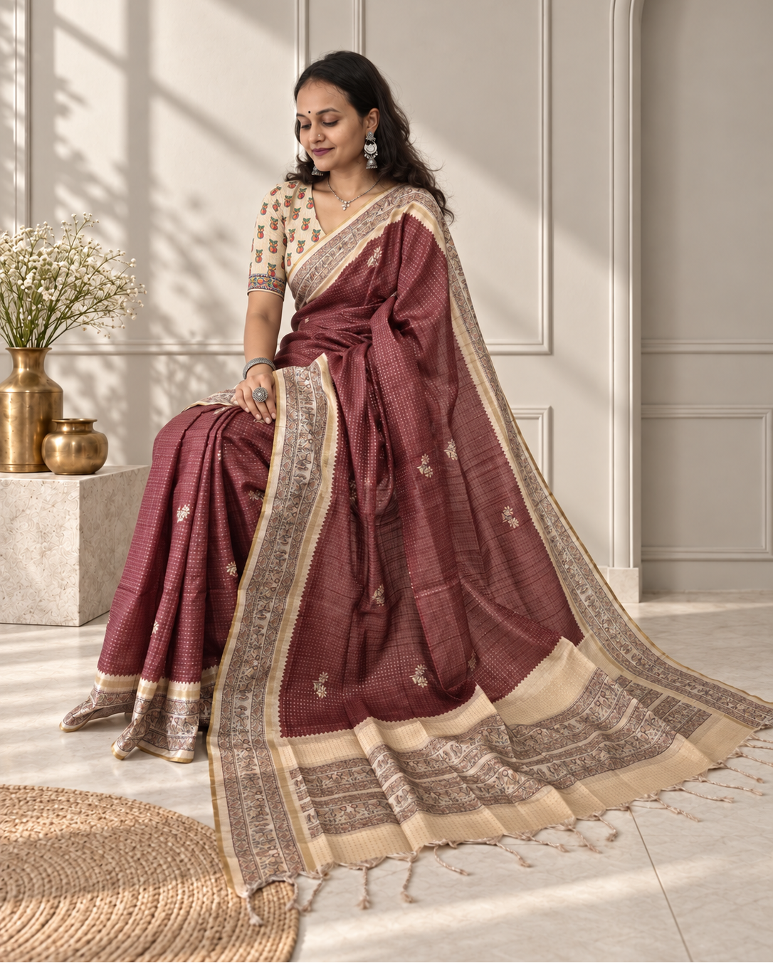 Madhubani Folk Art Muted Terracotta Tussar Silk Saree