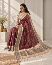 Madhubani Folk Art Muted Terracotta Tussar Silk Saree