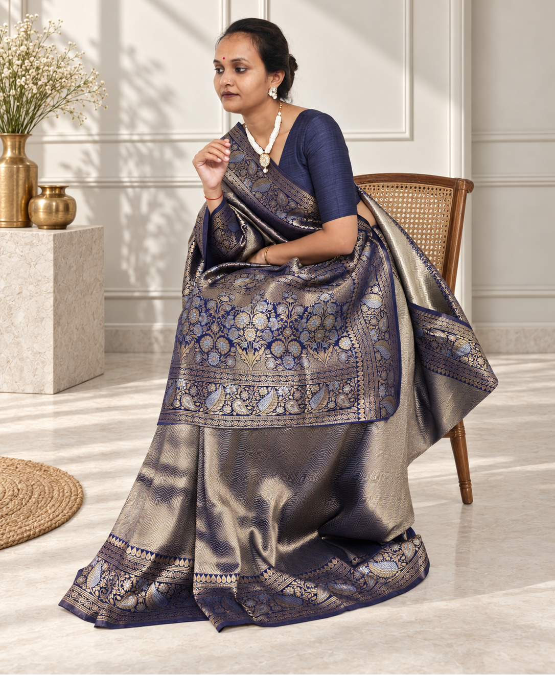 midnight blue uppada pure silk saree with floral nakshatra border