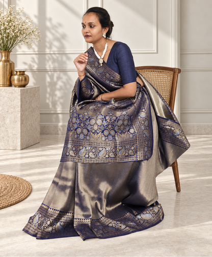 Midnight Blue Uppada Pure Silk Saree with Floral Nakshatra Border