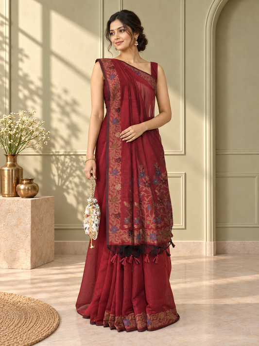 Red Cotton Handwoven Jamdani Saree with Multicolour Floral Design