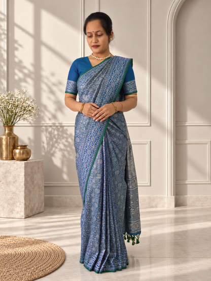 Blue Crepe Jaal Silk Saree with Matching Floral Border