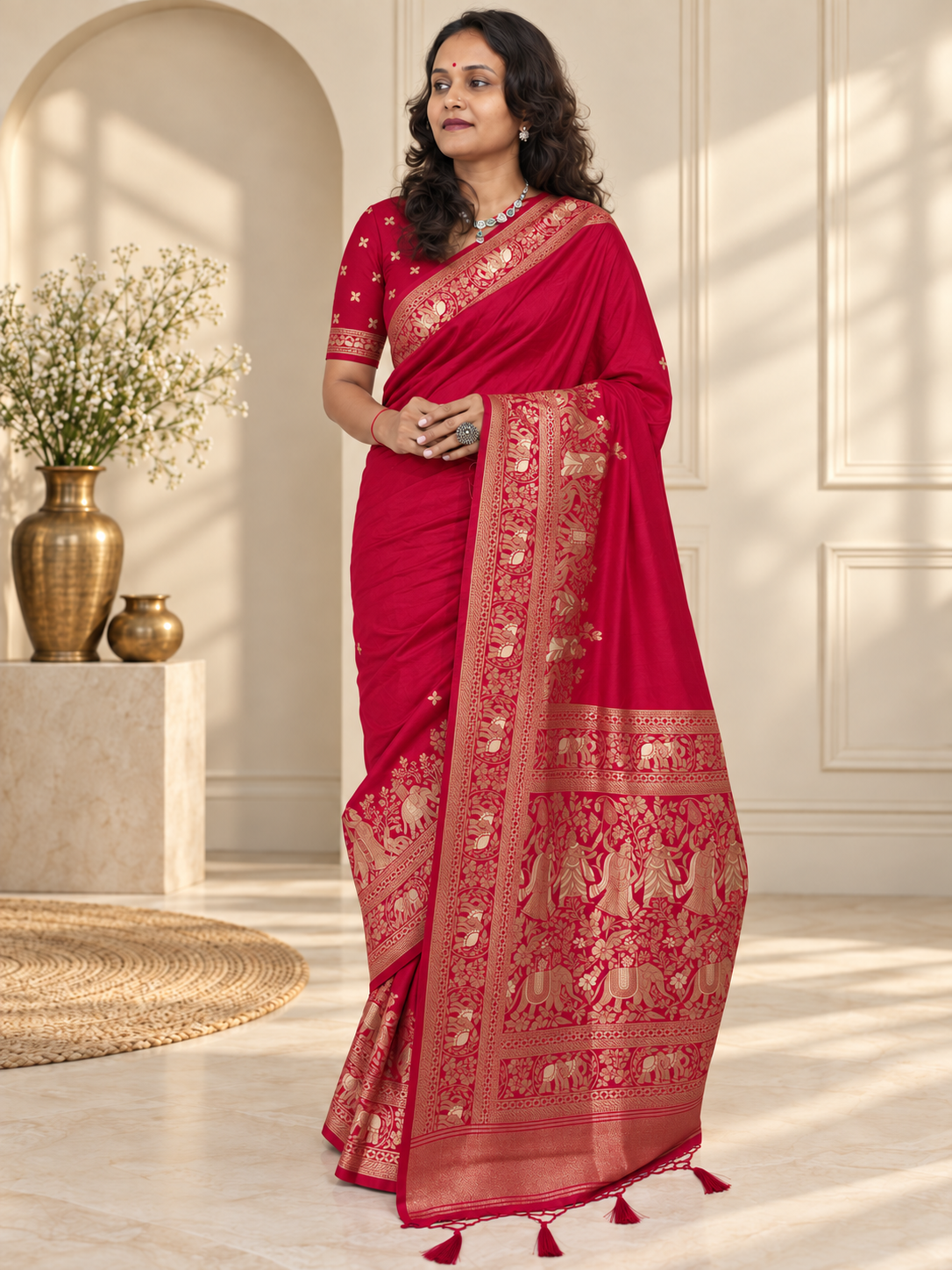 crimson red woven banarasi silk saree with gold zari elephant & floral border