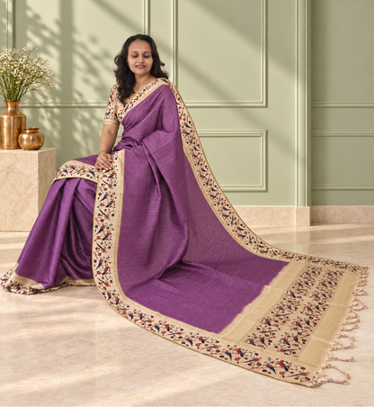 Bird & Floral Print Muted Plum Purple Tussar Silk Saree