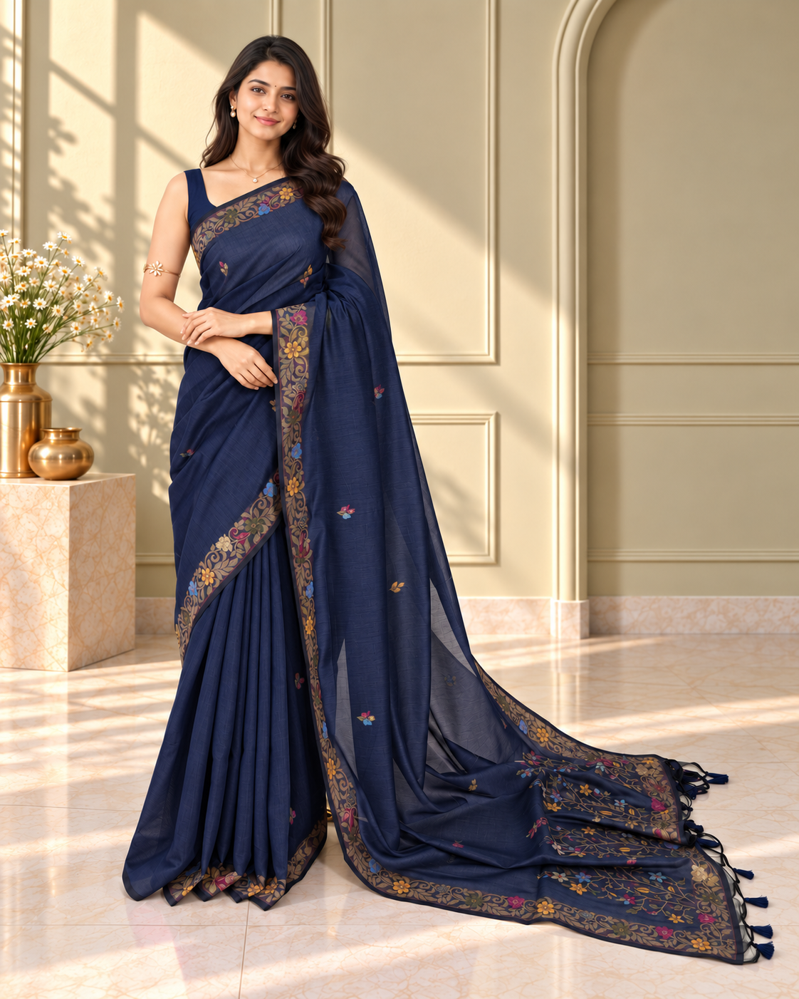 Navy Blue Cotton Handwoven Jamdani Saree with Multicolour Floral Design