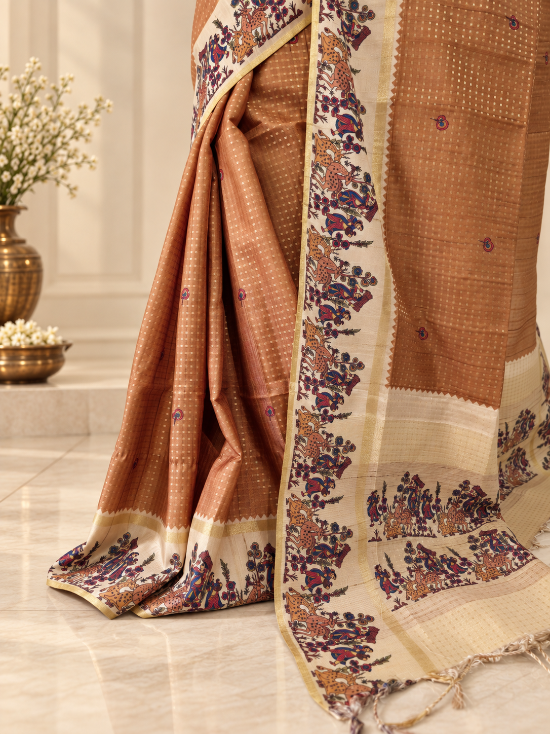 heritage folk art tussar silk saree – camel beige