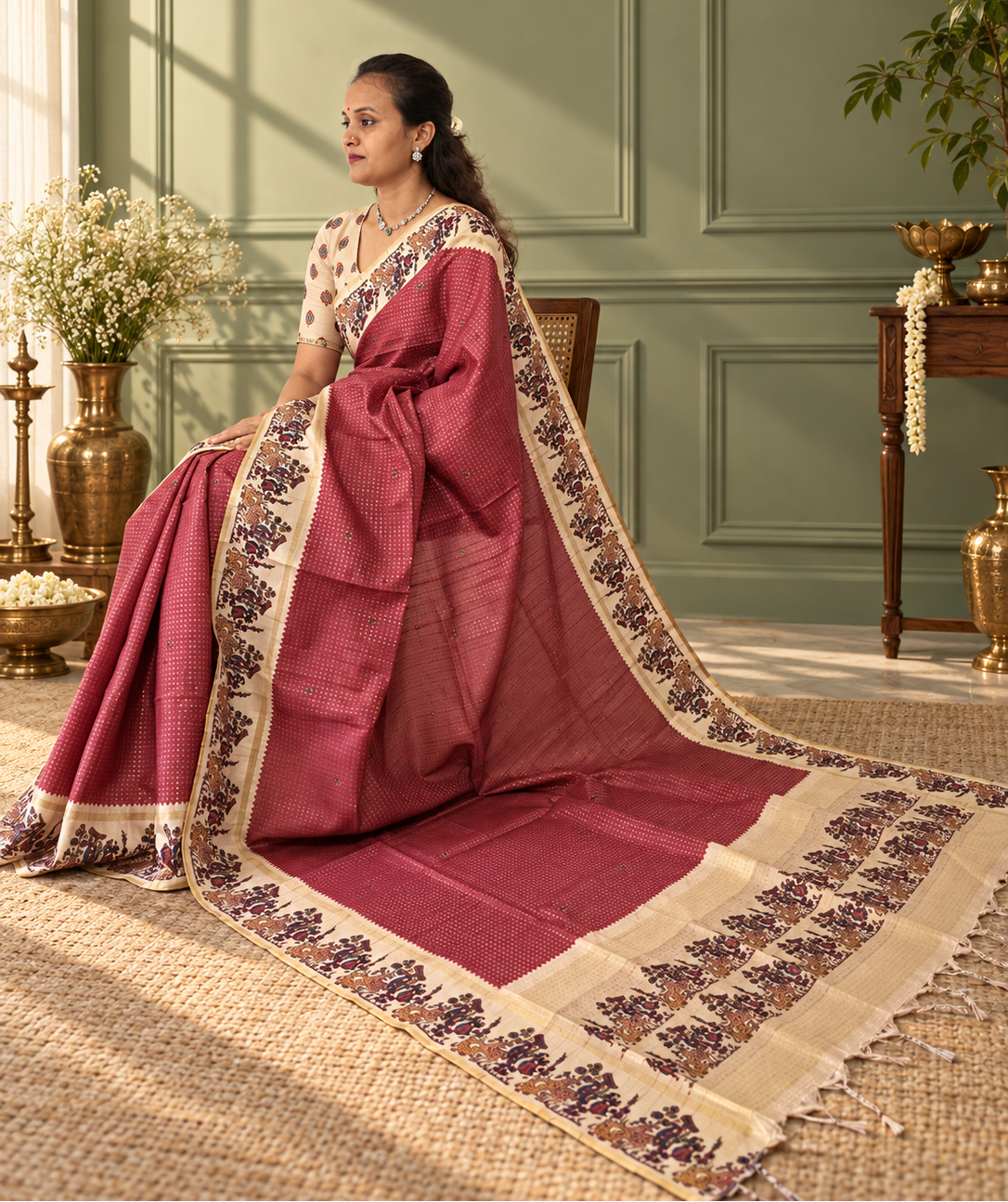 heritage folk art tussar silk saree – brick red