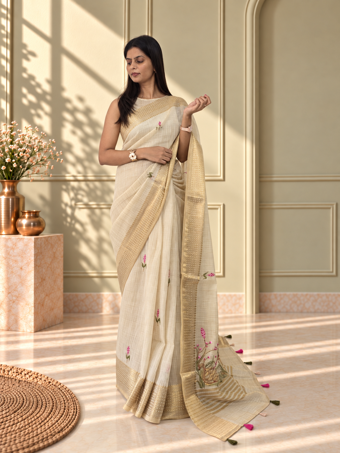 ivory linen saree with hand embroidered pink florals