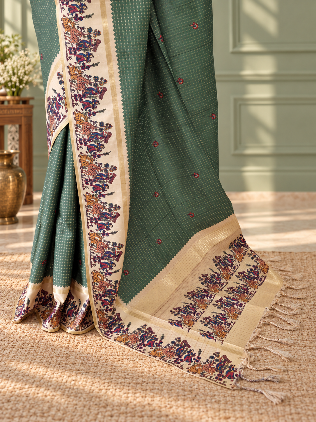 heritage folk art tussar silk saree – sage green