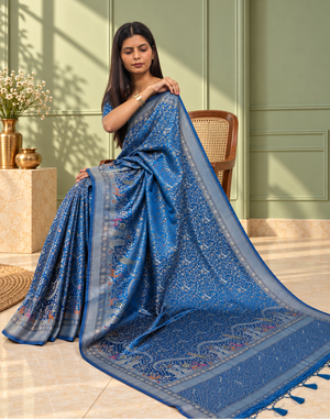 Royal Blue Pure Mashru Silk Handwoven Banarasi Saree with Rich Zari Border