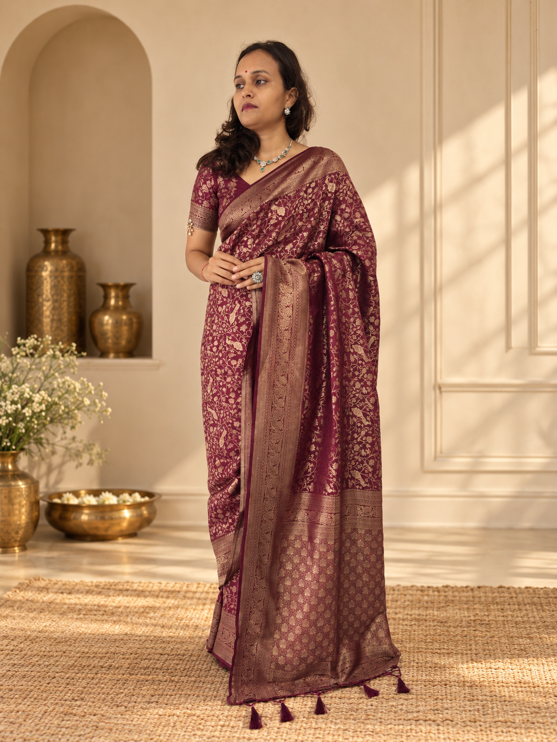 Wine Banarasi Silk Saree with Heavy Floral Weaving & Rich Woven Border