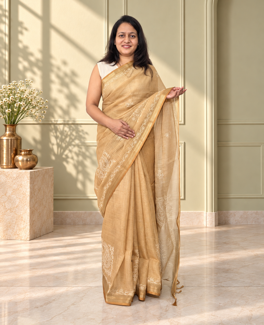 Golden Tissue Linen Saree with Handcrafted Aari Patchwork & Zari Detailing