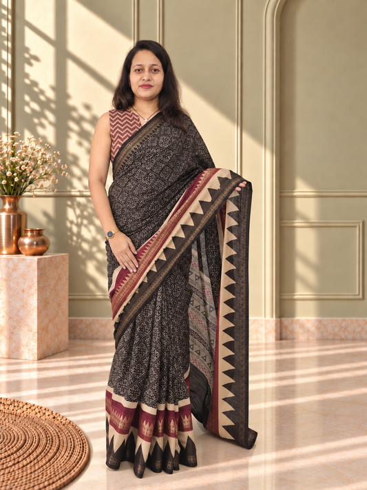 Black Soft Cotton Saree with Zari Border