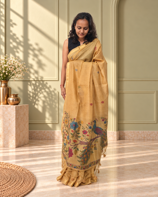 Mustard Gold Cotton Peacock Kalamkari Woven Saree with Gold Stripes
