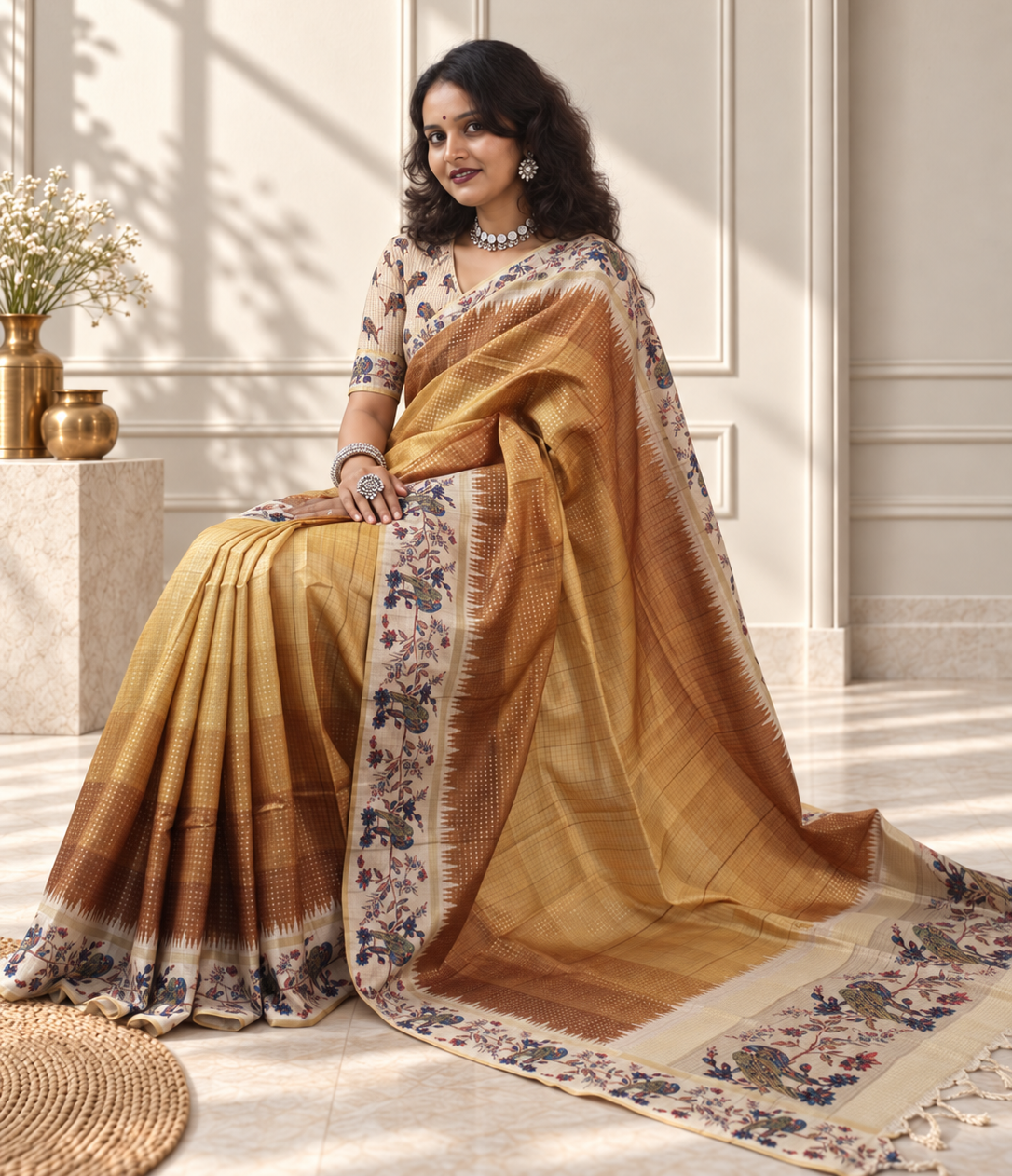 Copper Brown Tussar Silk Katha Print Saree with Parrot Pallu