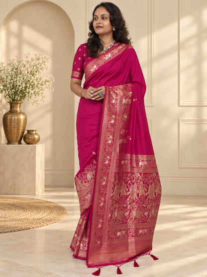 Rani Pink Woven Banarasi Silk Saree with Gold Zari Elephant & Floral Border