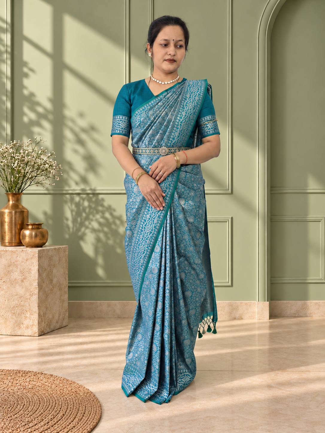 Peacock Blue Crepe Jaal Silk Saree with Matching Floral Border