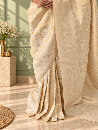 Ivory Banarasi Silk Saree with Heavy Floral Weaving & Rich Woven Border