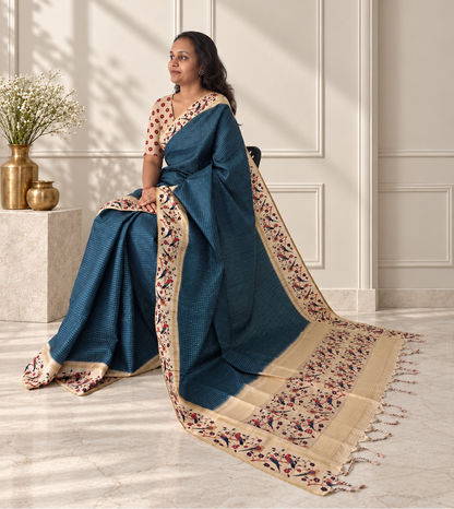 Bird & Floral Print Deep Teal Blue Tussar Silk Saree