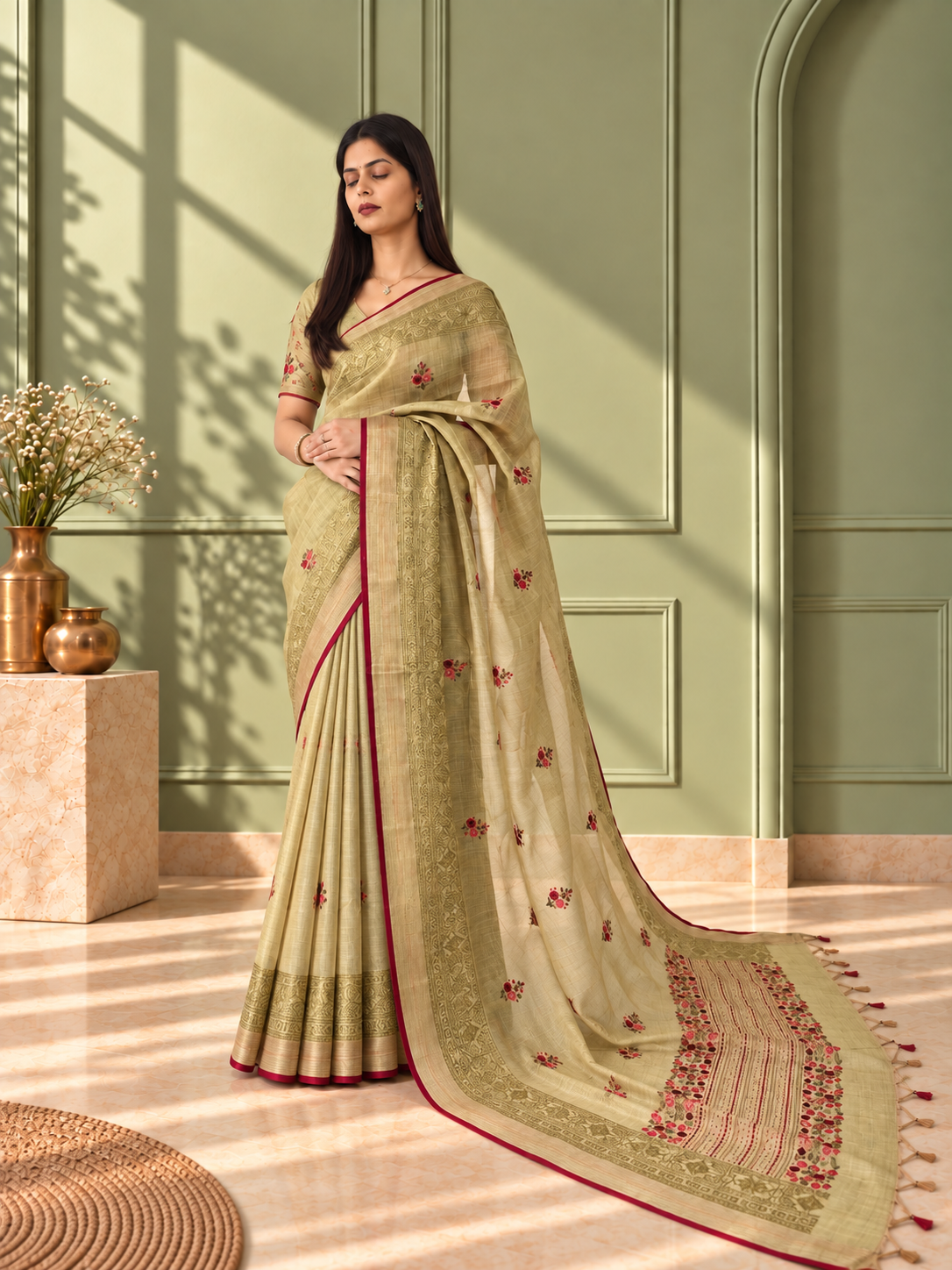 dark mustard linen saree with hand embroidered kantha work