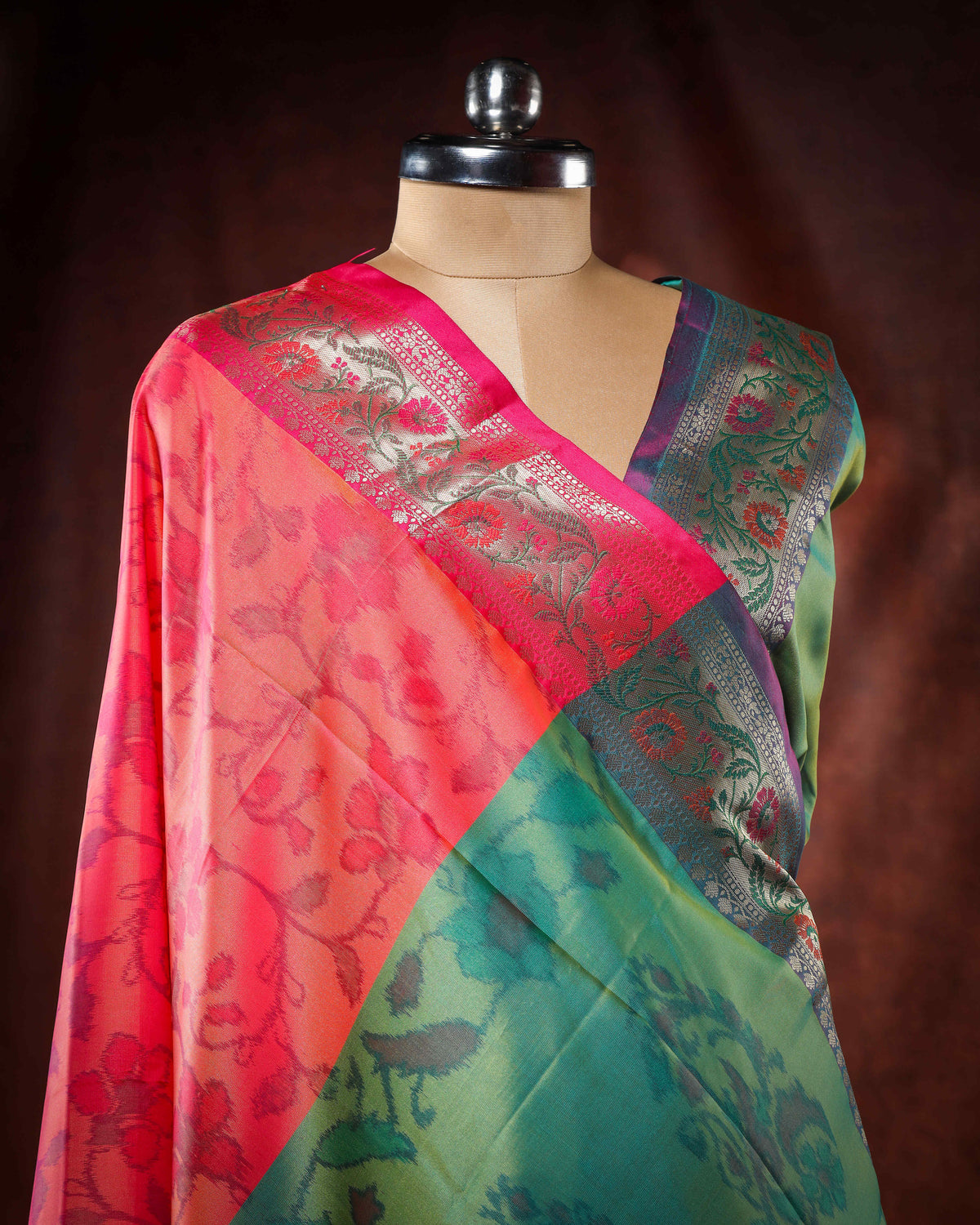 Meadow Bloom Vermilion Multicolour Soft Silk Saree with Meena Border