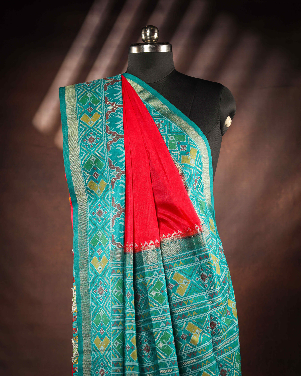 Teal Blue & Rich Red Patola Silk Saree with Elephant Motif