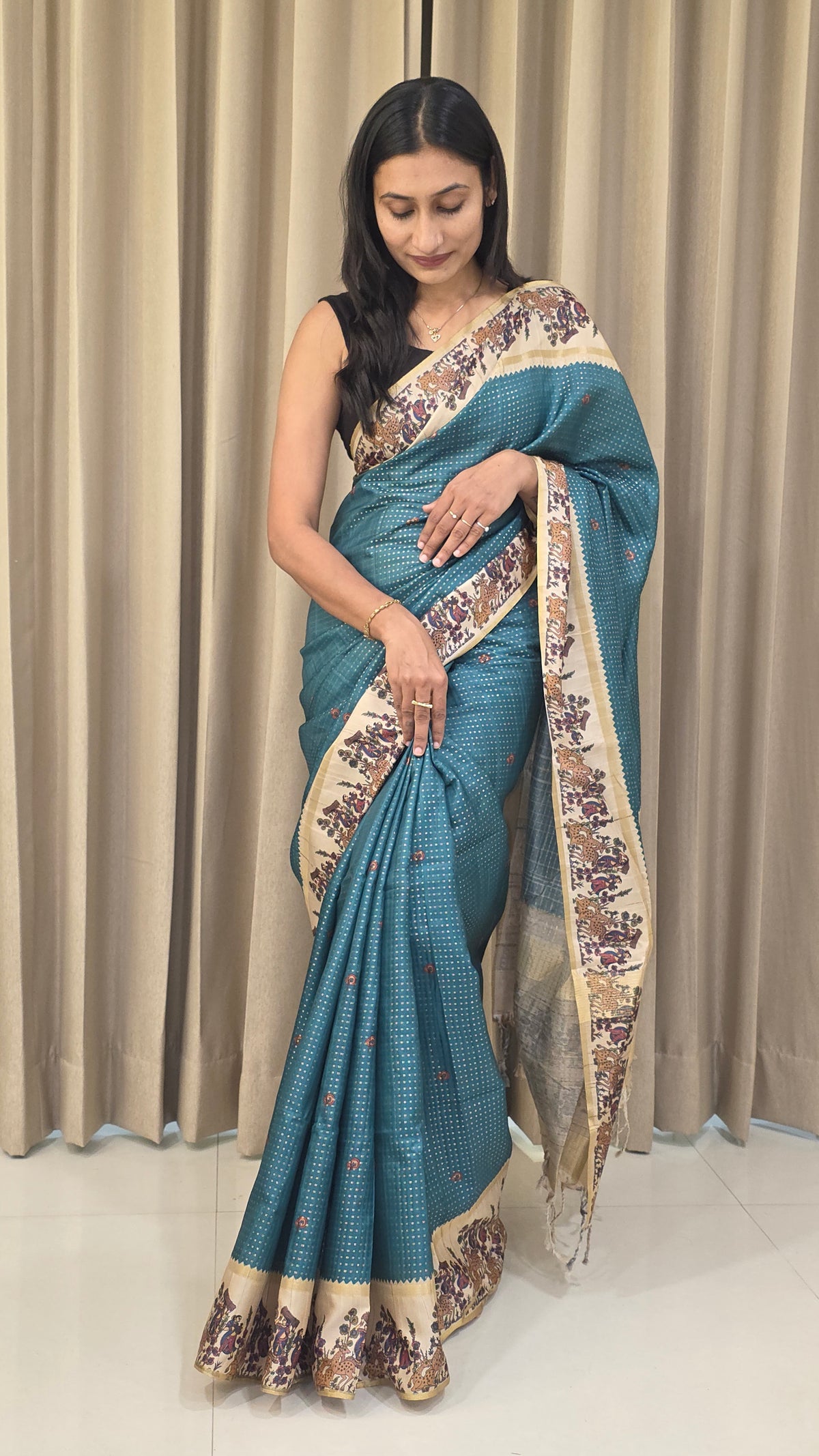 Heritage Folk Art Tussar Silk Saree – Peacock Blue