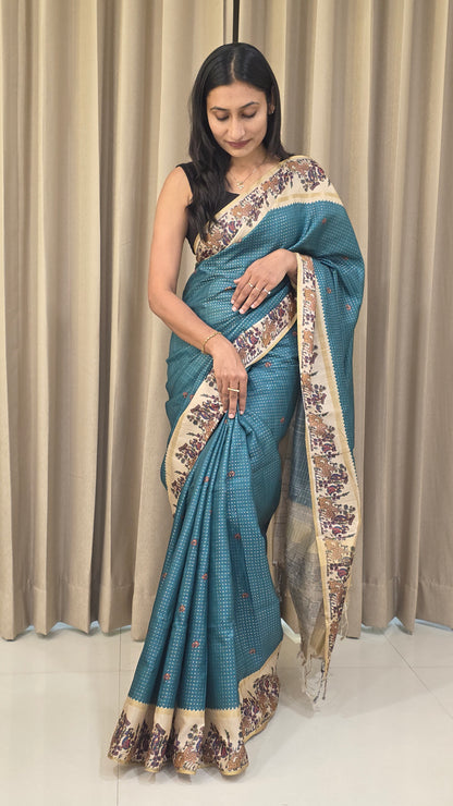 Heritage Folk Art Tussar Silk Saree – Peacock Blue