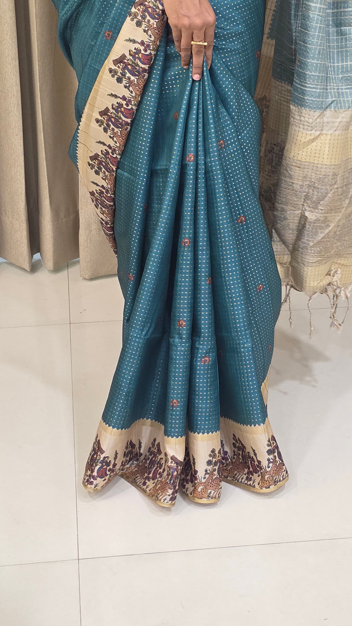 Heritage Folk Art Tussar Silk Saree – Peacock Blue