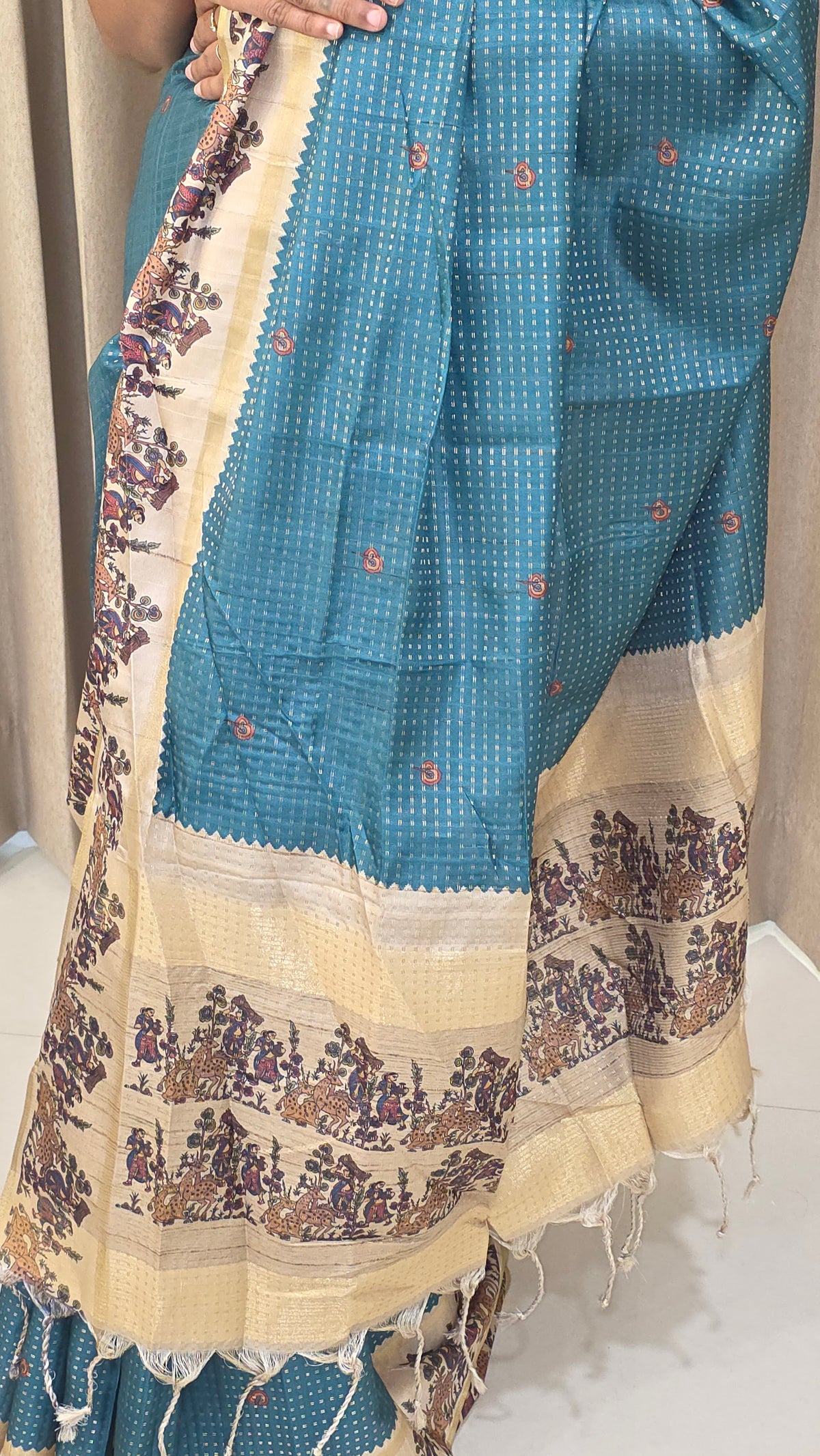 Heritage Folk Art Tussar Silk Saree – Peacock Blue