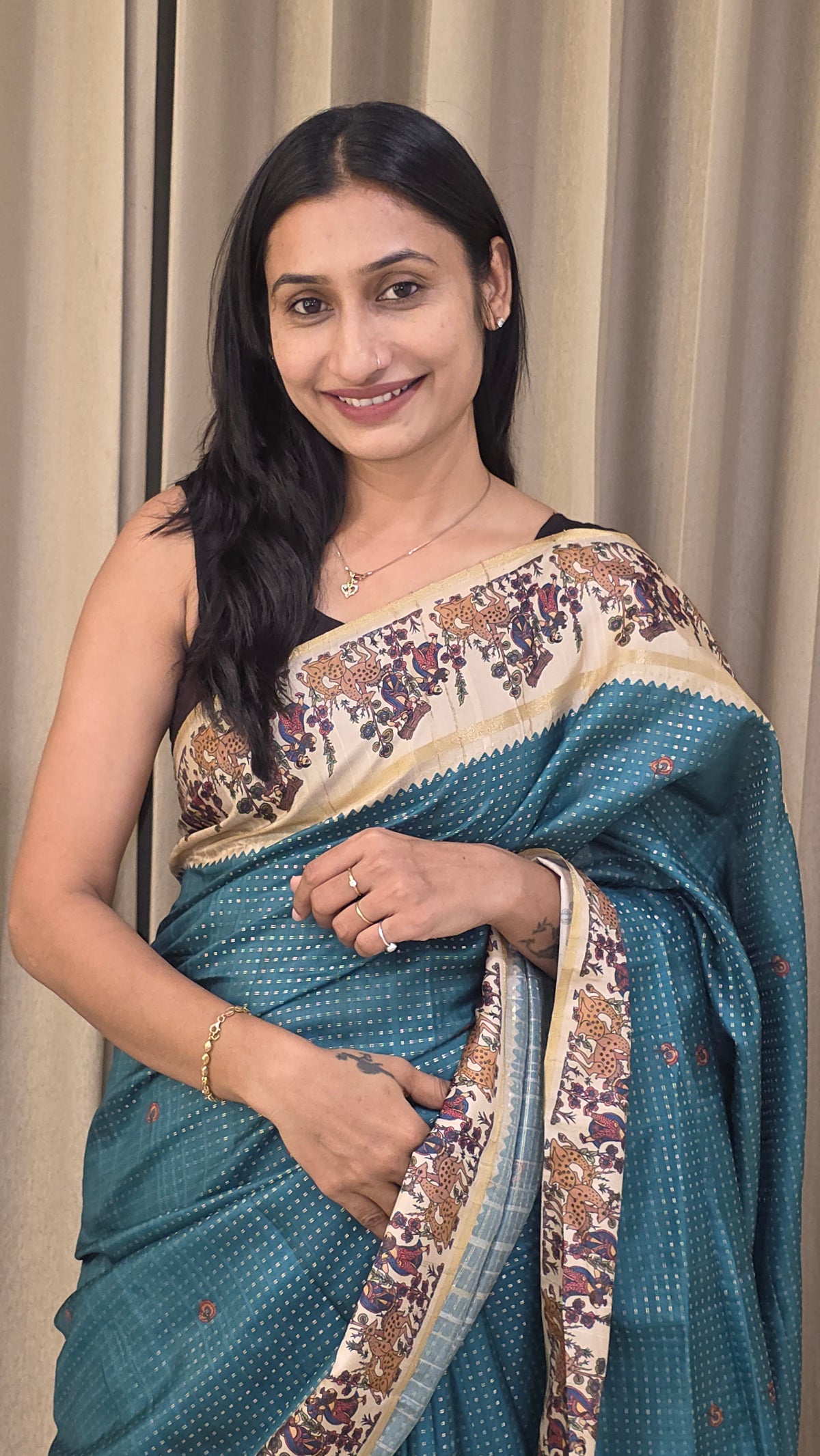 heritage folk art tussar silk saree – peacock blue