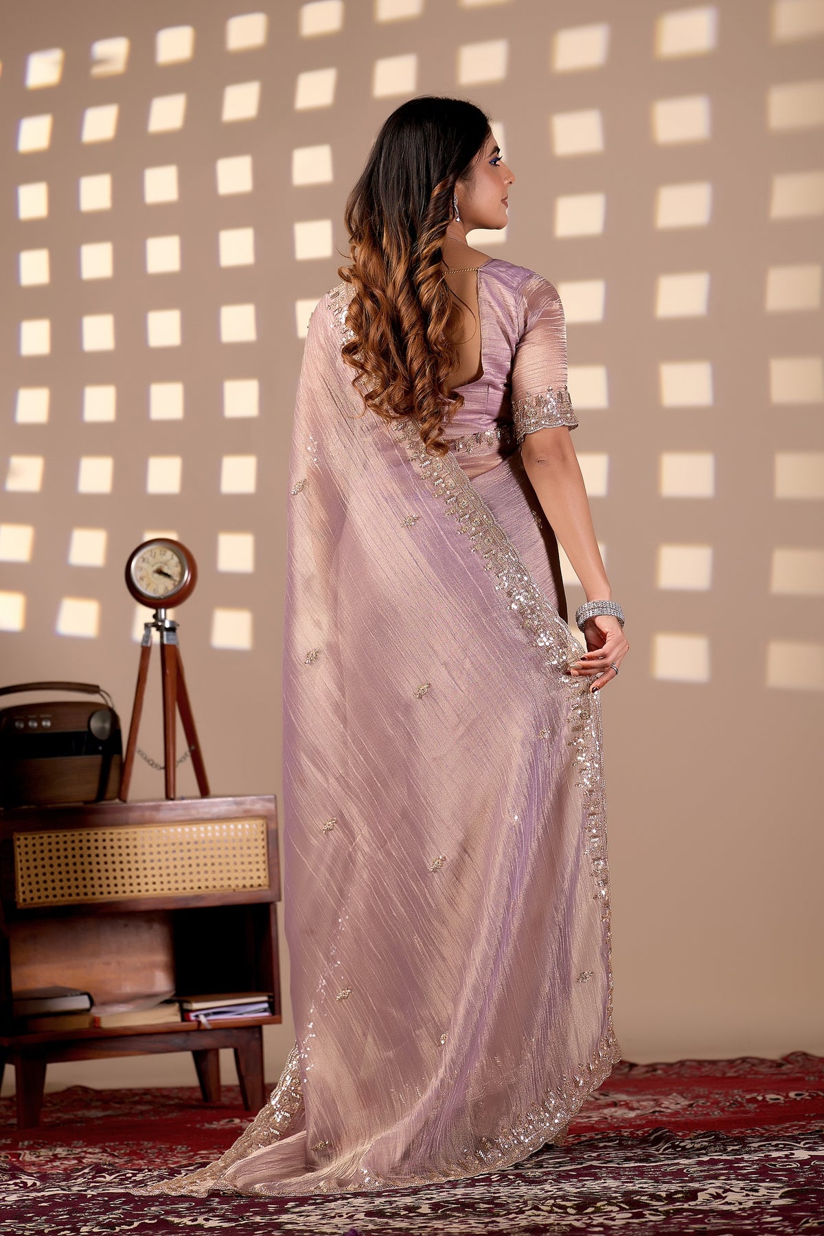 Lavender Soft Tissue Silk Saree with Heavy Handcrafted Beadwork