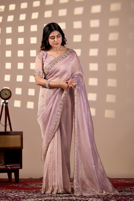 Lavender Soft Tissue Silk Saree with Heavy Handcrafted Beadwork