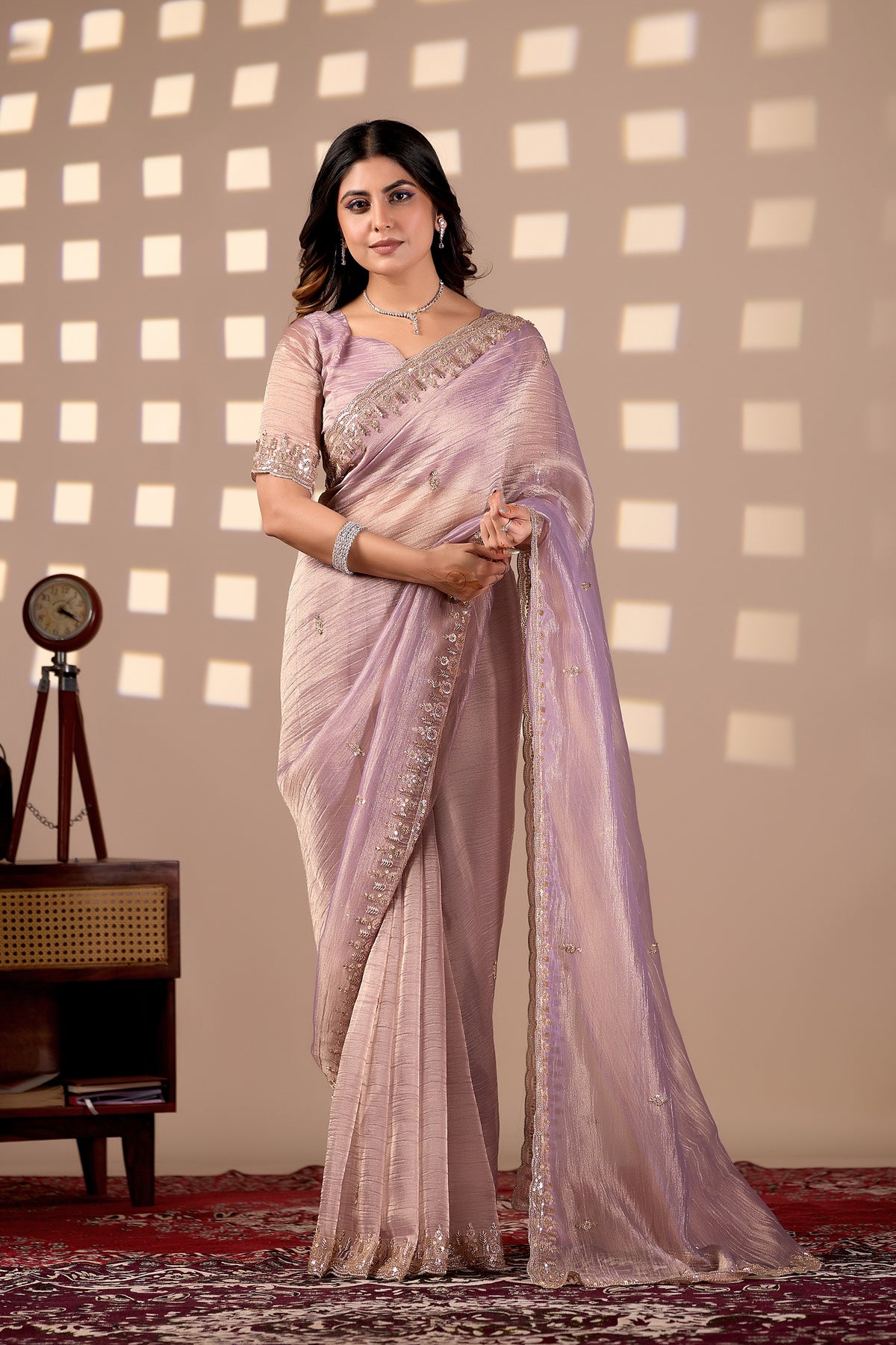 Lavender Soft Tissue Silk Saree with Heavy Handcrafted Beadwork