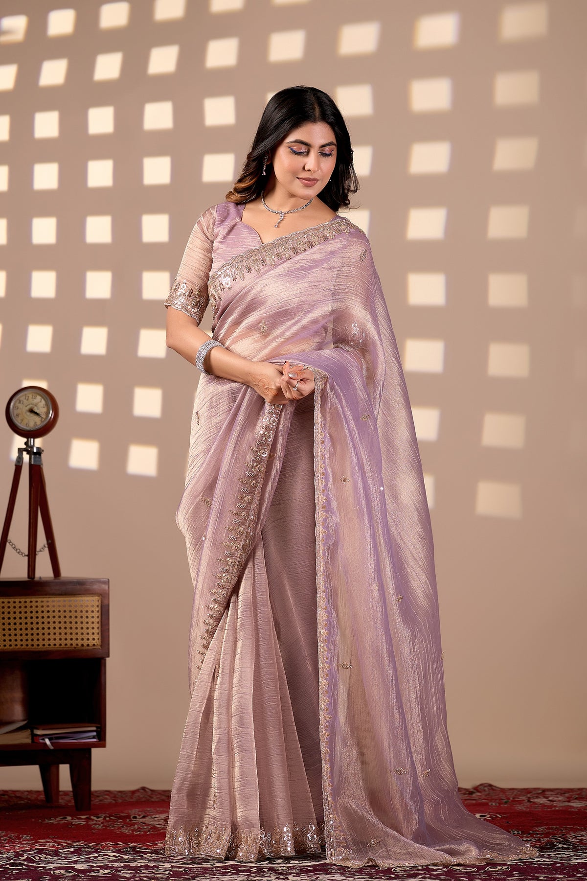 lavender soft tissue silk saree with heavy handcrafted beadwork