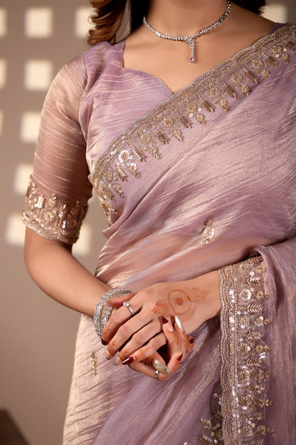 Lavender Soft Tissue Silk Saree with Heavy Handcrafted Beadwork
