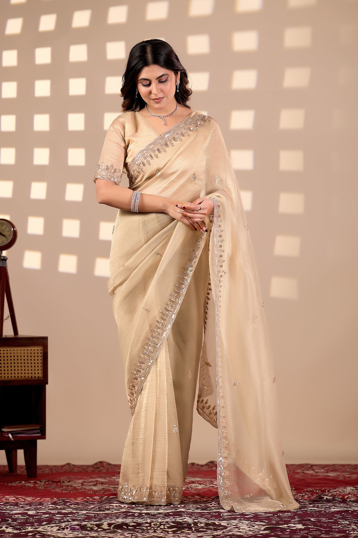 champagne gold soft tissue silk saree with heavy handcrafted beadwork
