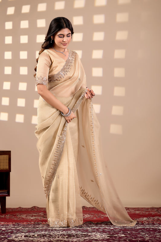 Champagne Gold Soft Tissue Silk Saree with Heavy Handcrafted Beadwork