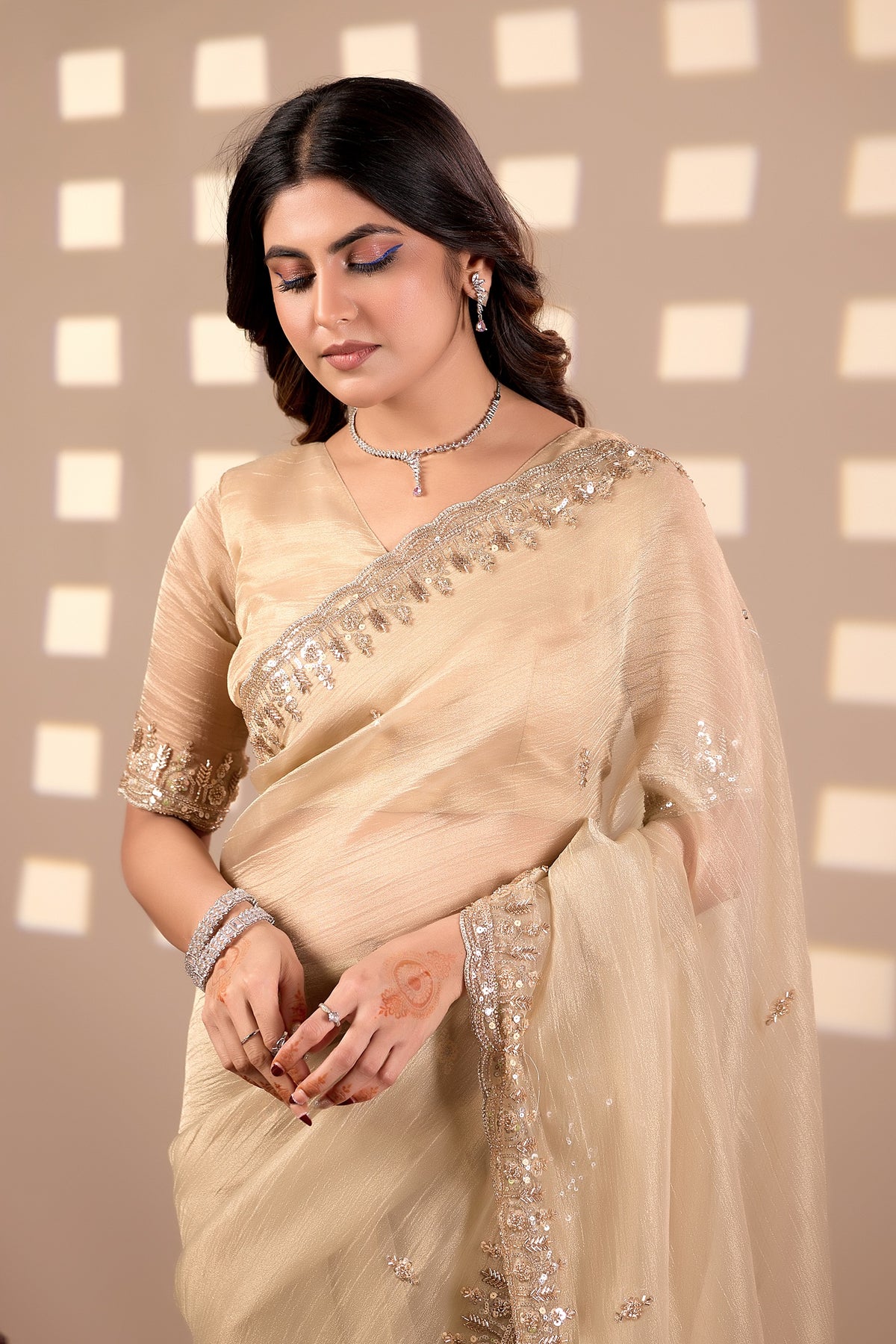Champagne Gold Soft Tissue Silk Saree with Heavy Handcrafted Beadwork
