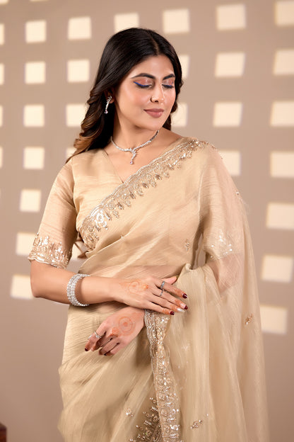 Champagne Gold Soft Tissue Silk Saree with Heavy Handcrafted Beadwork