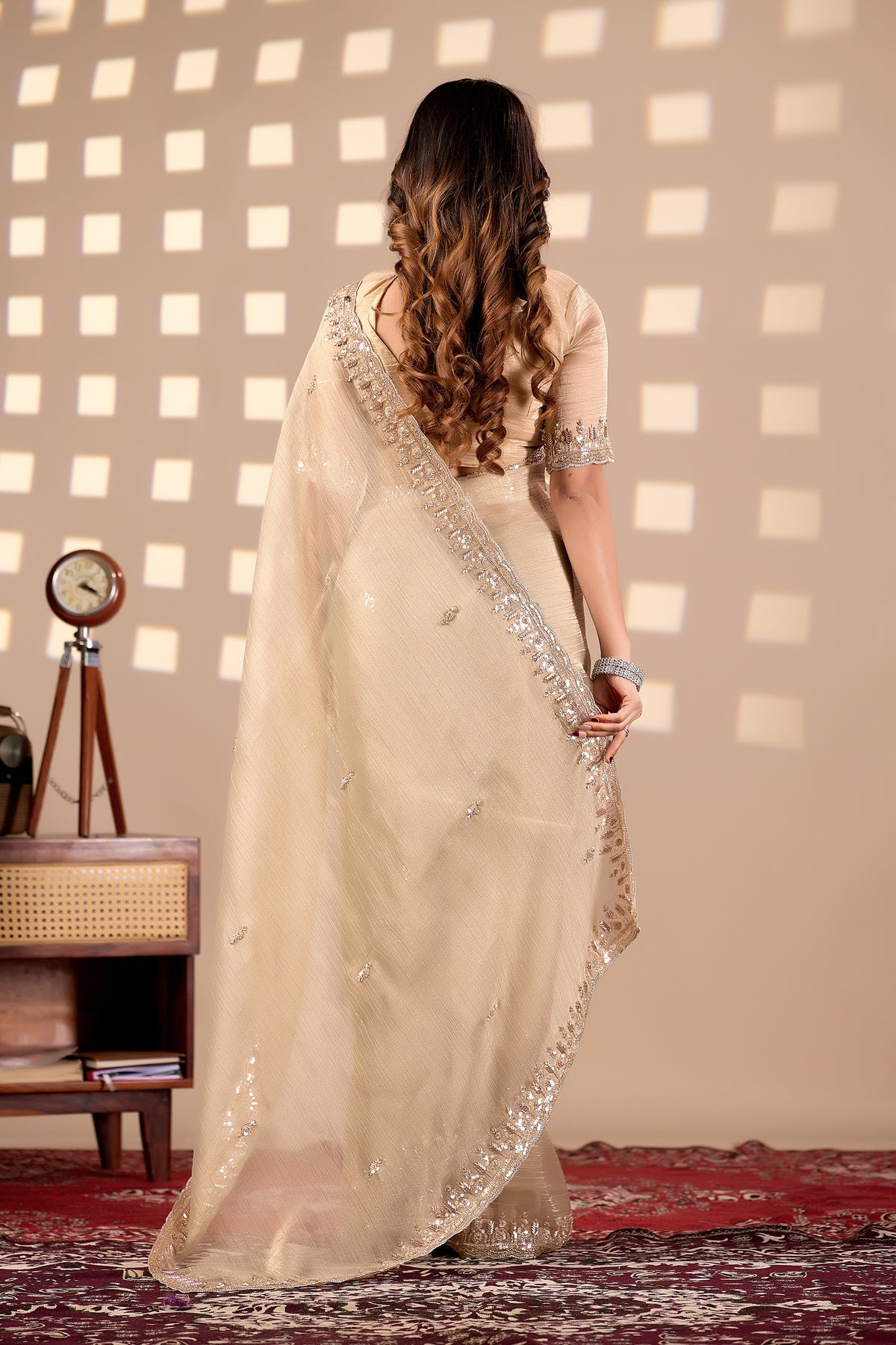 Champagne Gold Soft Tissue Silk Saree with Heavy Handcrafted Beadwork