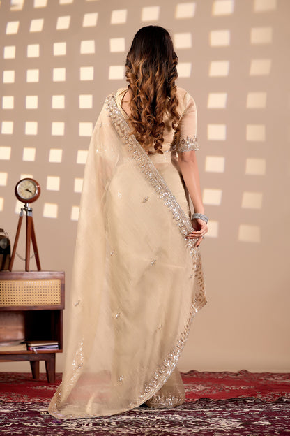 Champagne Gold Soft Tissue Silk Saree with Heavy Handcrafted Beadwork