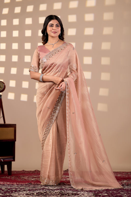 Peach Champagne Soft Tissue Silk Saree with Heavy Handcrafted Beadwork