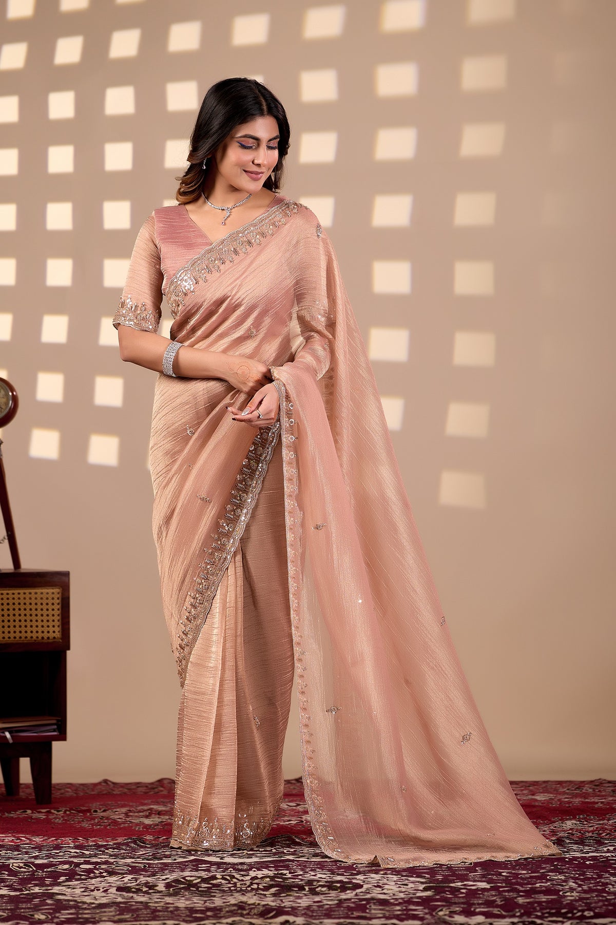 Peach Champagne Soft Tissue Silk Saree with Heavy Handcrafted Beadwork